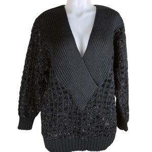 Vintage Embellished Knitted Sweaters Winter Pullover V-Neck Woolblend Large